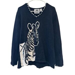 Vintage 90’s Storybook Knits Black V-Neck Sweater with Sequin Zebra Size Medium